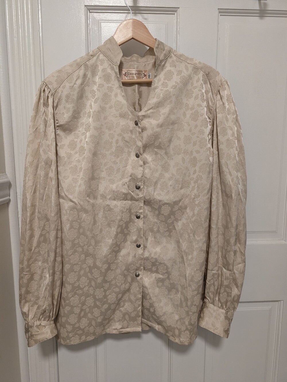 Vtg Darling’s of the West Blouse Cream Rose Jacquard Satin Puff Long Sleeves XL